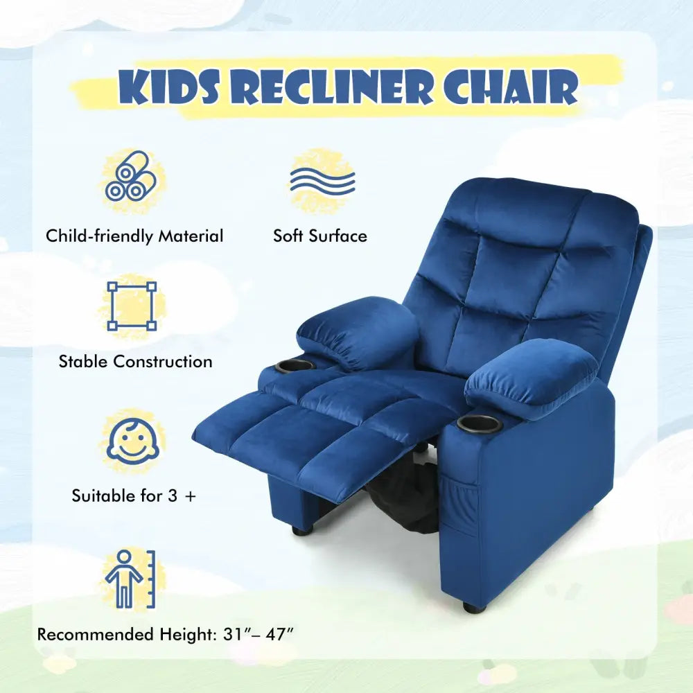 Kids Recliner Chair with Cup Holder and Footrest for Children-Light Blue - Light Blue - Kids Chairs & Seating