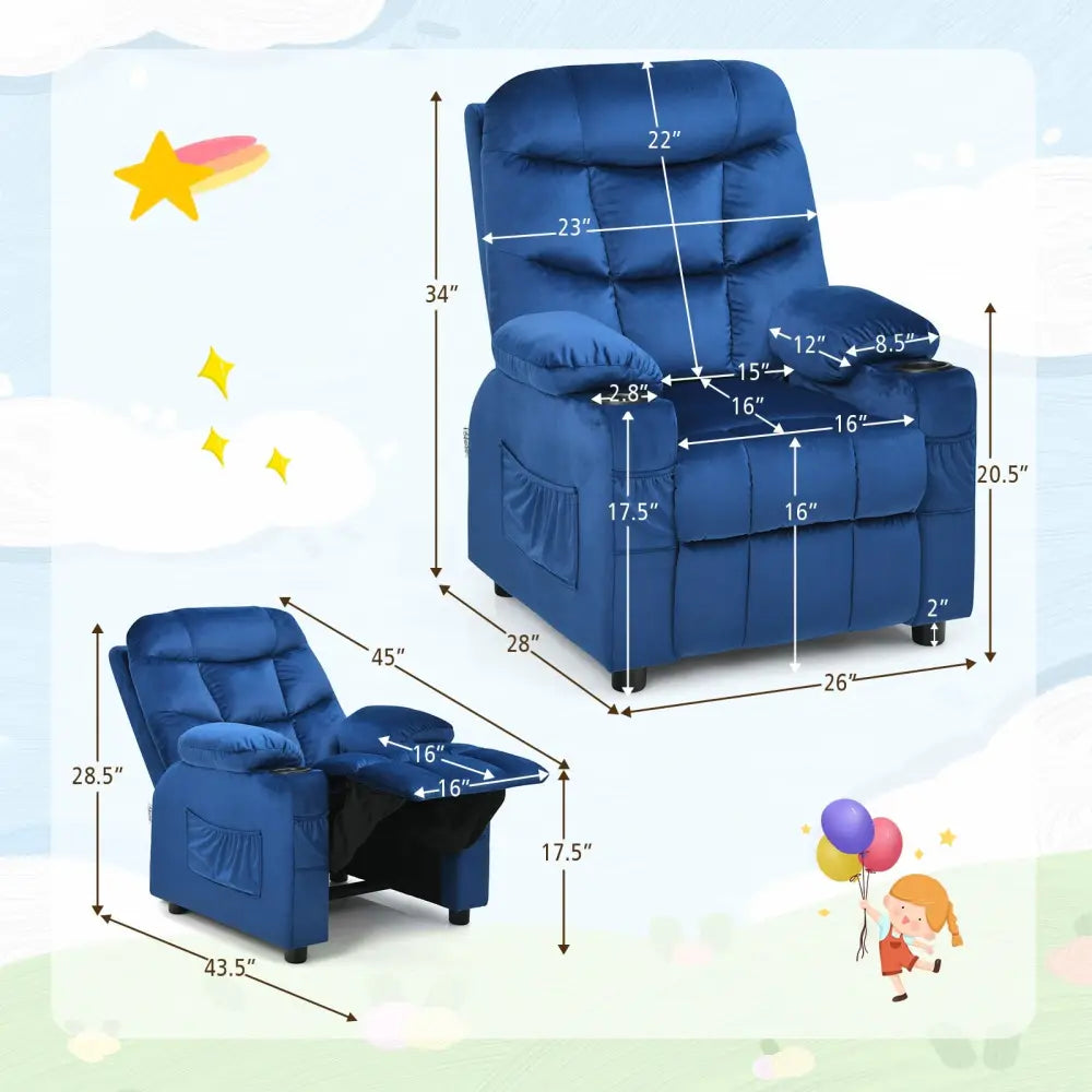 Kids Recliner Chair with Cup Holder and Footrest for Children-Light Blue - Light Blue - Kids Chairs & Seating