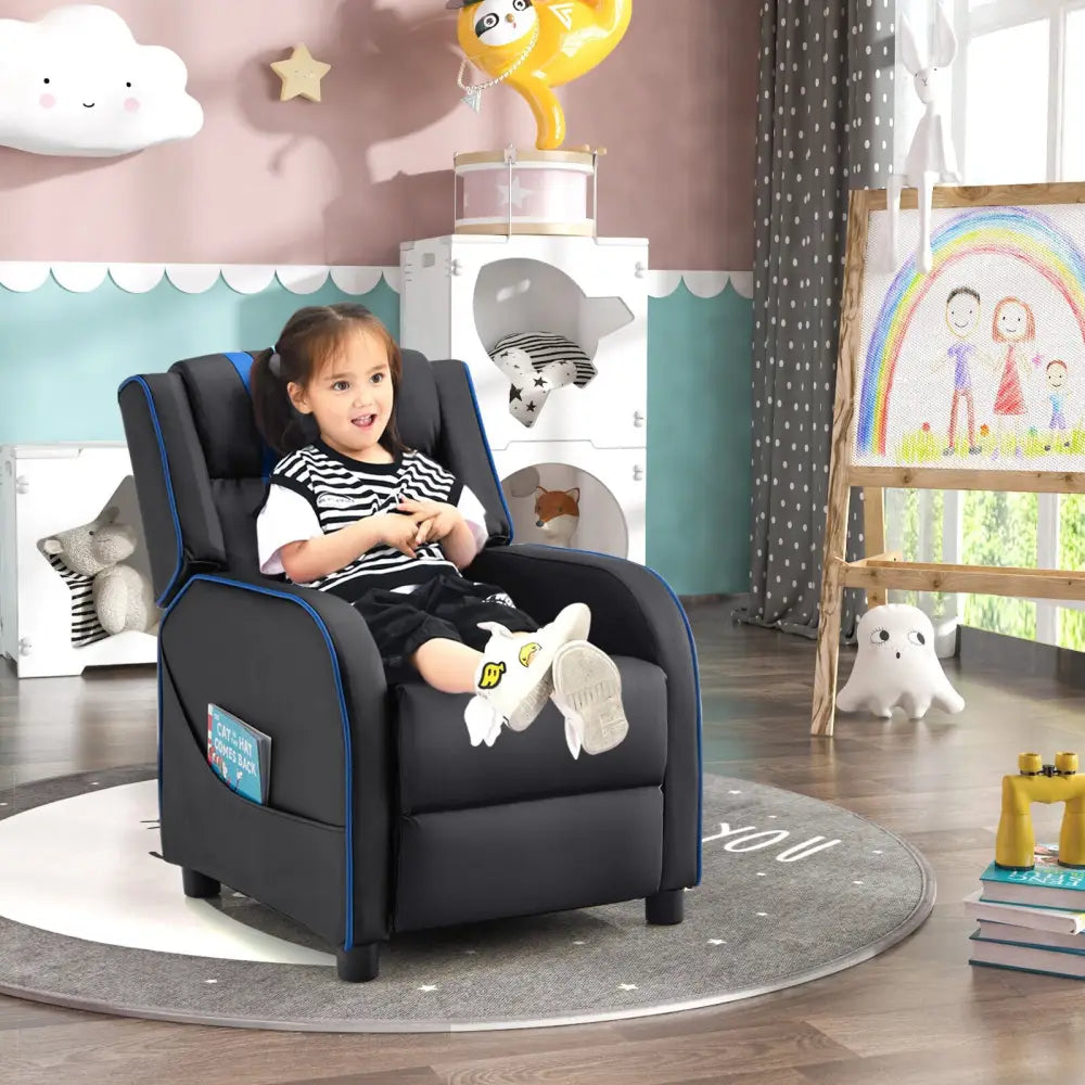 Kids Recliner Chair with Side Pockets and Footrest-Blue - Blue - Kids Chairs & Seating