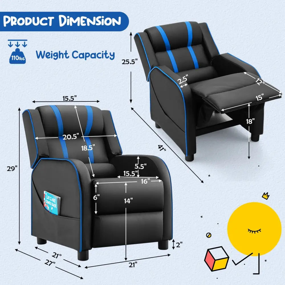 Kids Recliner Chair with Side Pockets and Footrest-Blue - Blue - Kids Chairs & Seating