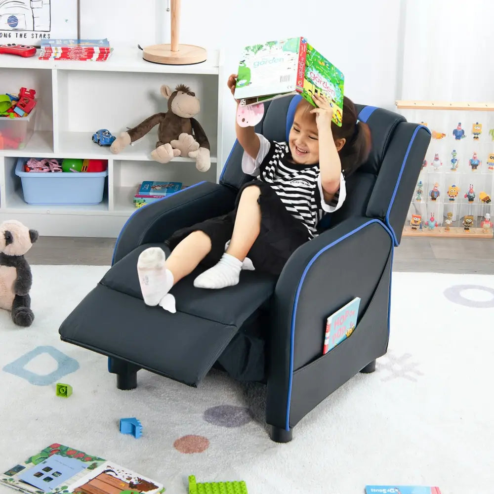 Kids Recliner Chair with Side Pockets and Footrest-Blue - Blue - Kids Chairs & Seating
