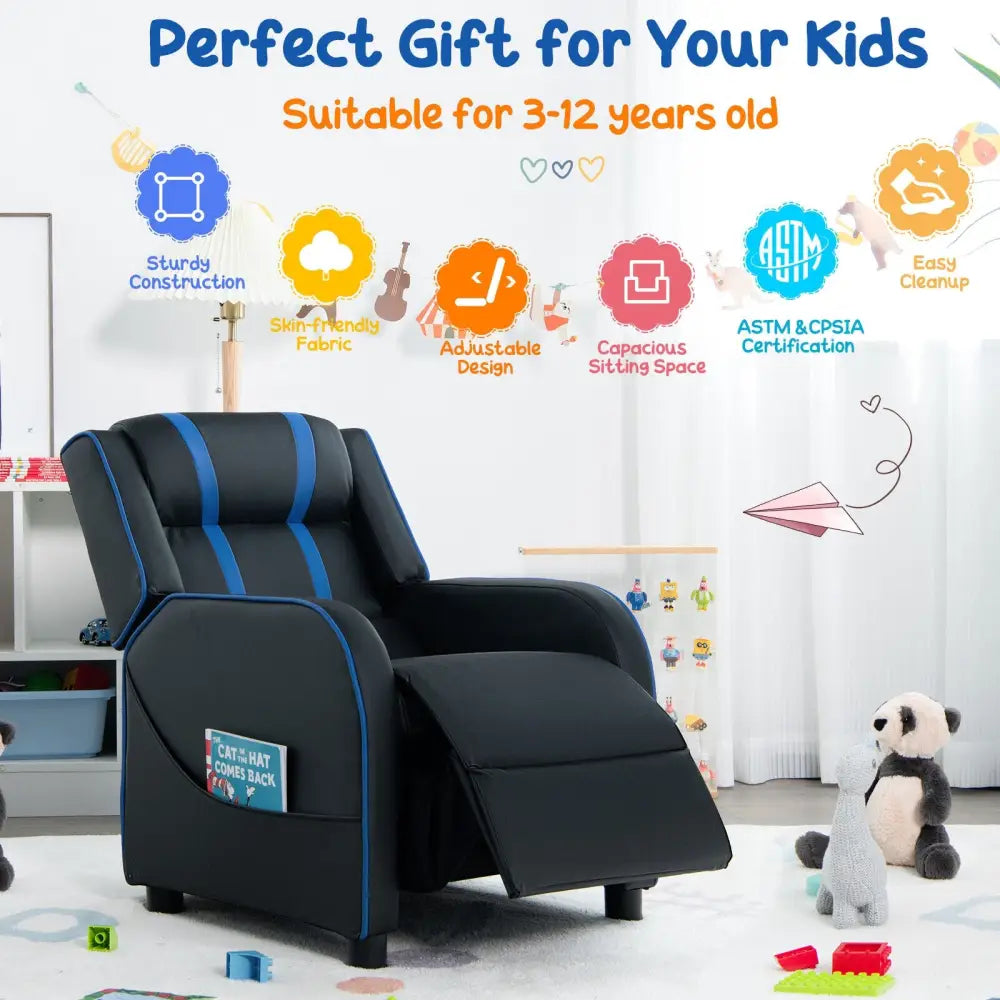 Kids Recliner Chair with Side Pockets and Footrest-Blue - Blue - Kids Chairs & Seating