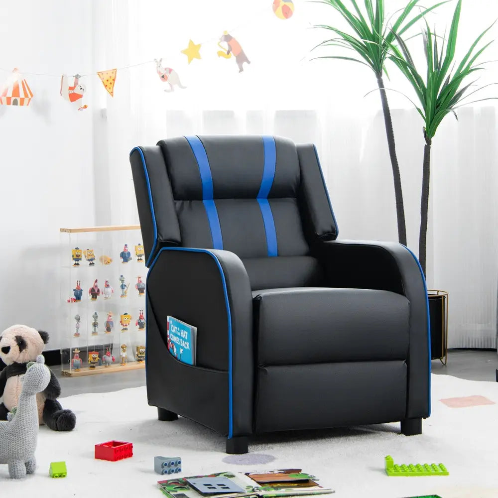 Kids Recliner Chair with Side Pockets and Footrest-Blue - Blue - Kids Chairs & Seating