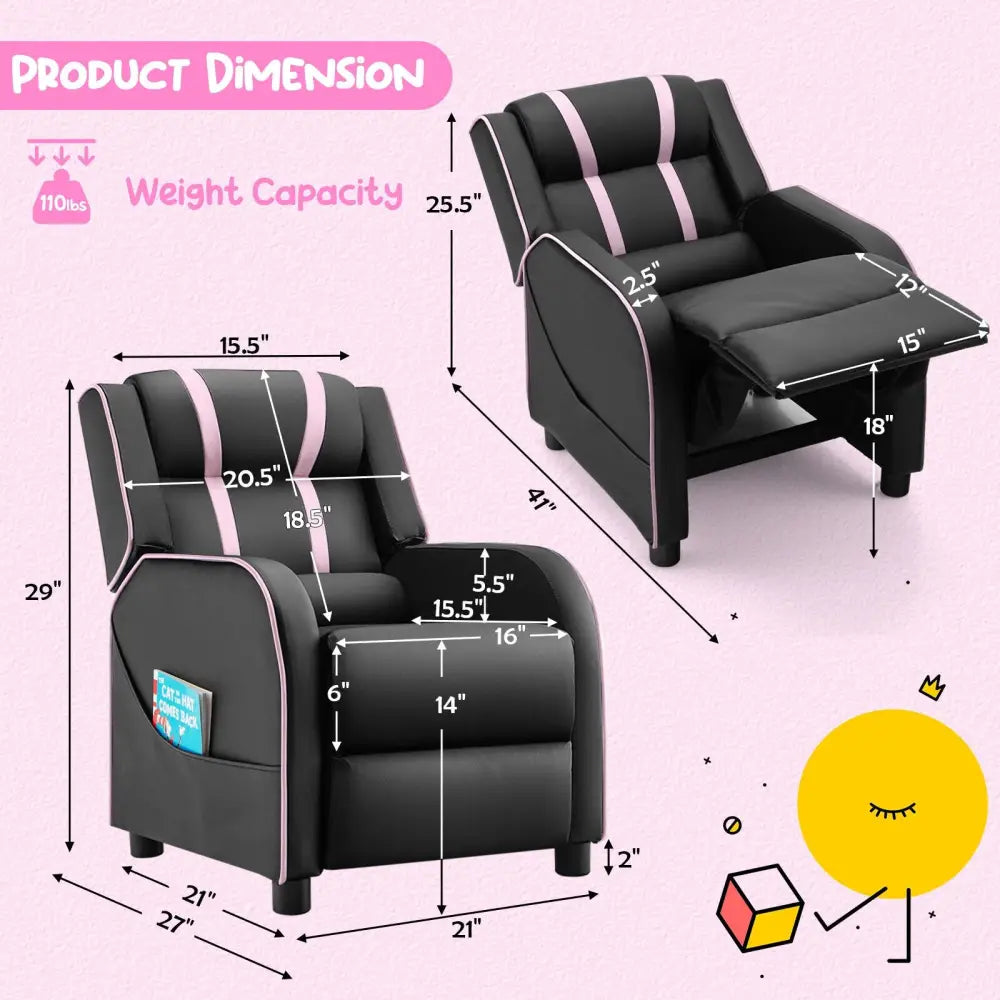 Kids Recliner Chair with Side Pockets and Footrest-Pink - Pink - Kids Chairs & Seating