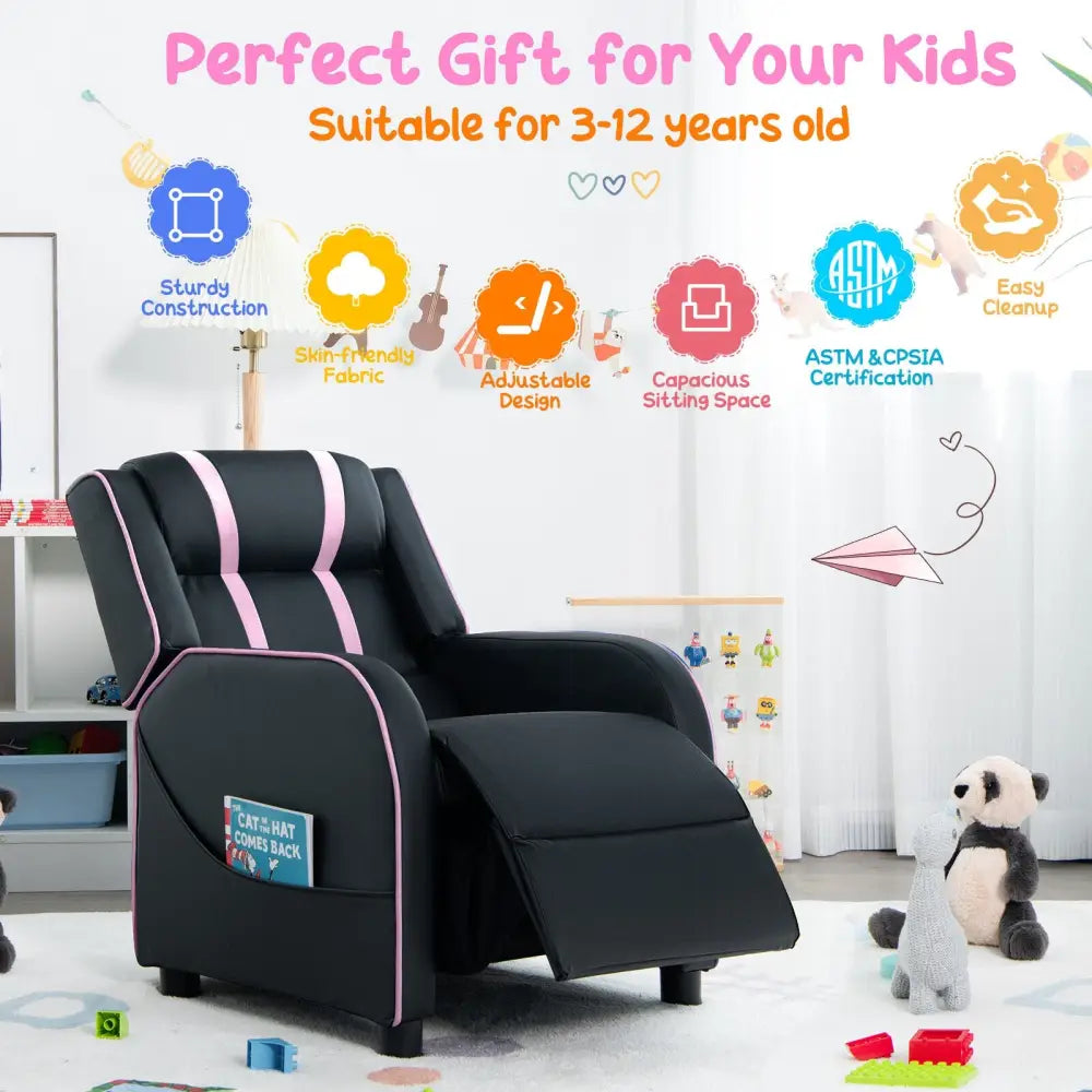 Kids Recliner Chair with Side Pockets and Footrest-Pink - Pink - Kids Chairs & Seating