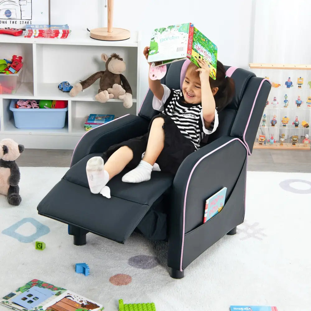 Kids Recliner Chair with Side Pockets and Footrest-Pink - Pink - Kids Chairs & Seating