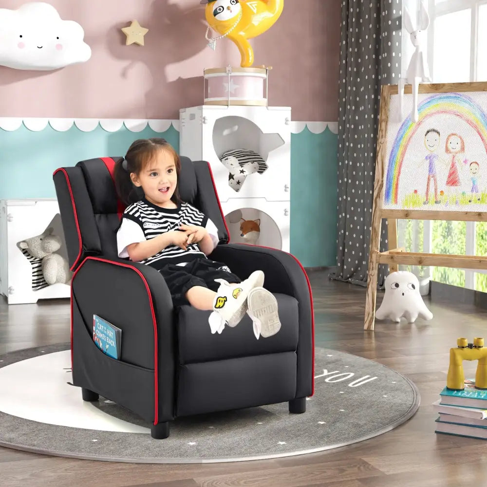 Kids Recliner Chair with Side Pockets and Footrest-Red - Red - Kids Chairs & Seating
