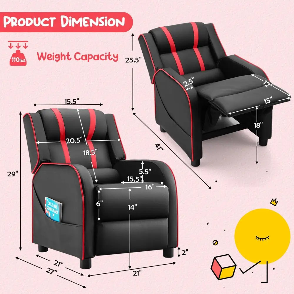 Kids Recliner Chair with Side Pockets and Footrest-Red - Red - Kids Chairs & Seating