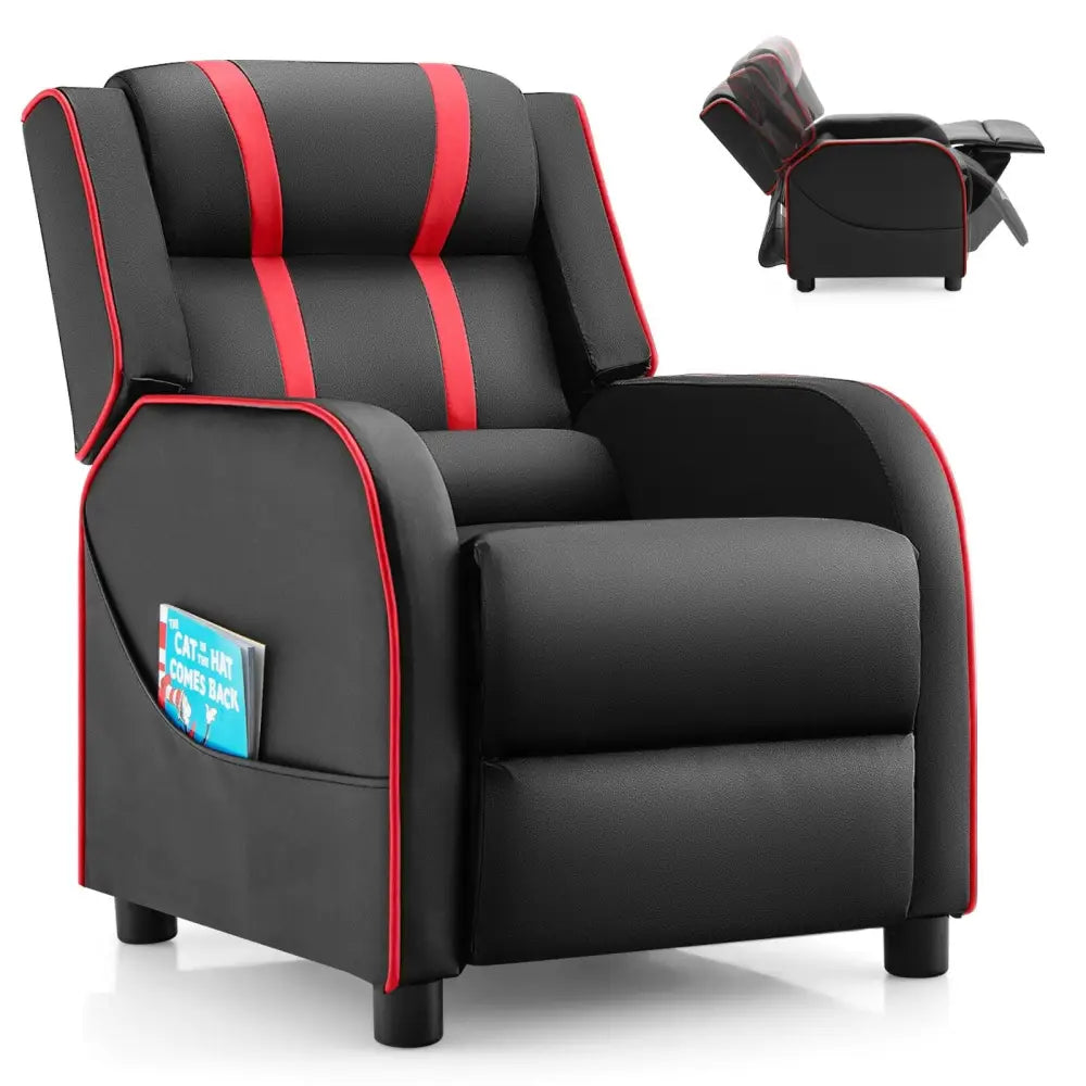 Kids Recliner Chair with Side Pockets and Footrest-Red - Red - Kids Chairs & Seating
