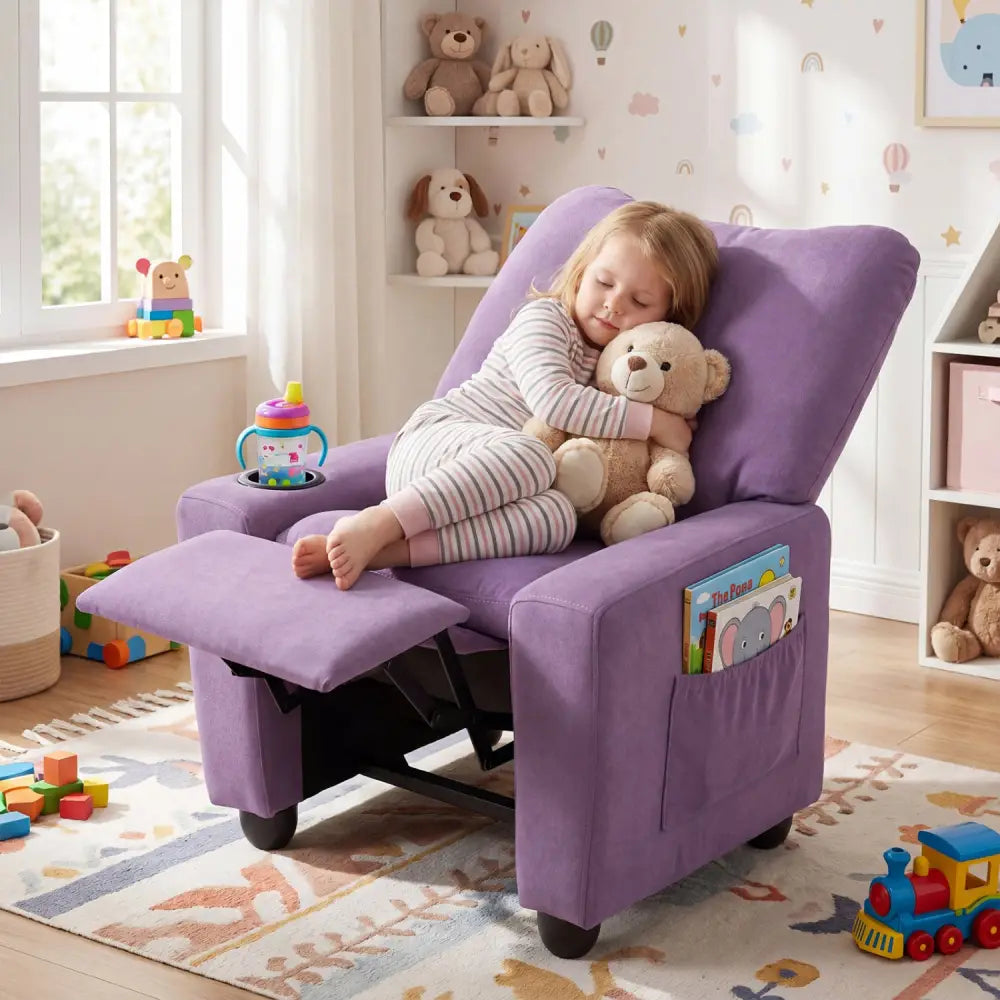 Kids Recliner Toddler Single Sofa with Adjustable Footrest and Cup Holder-Purple - Purple - Kids Chairs & Seating