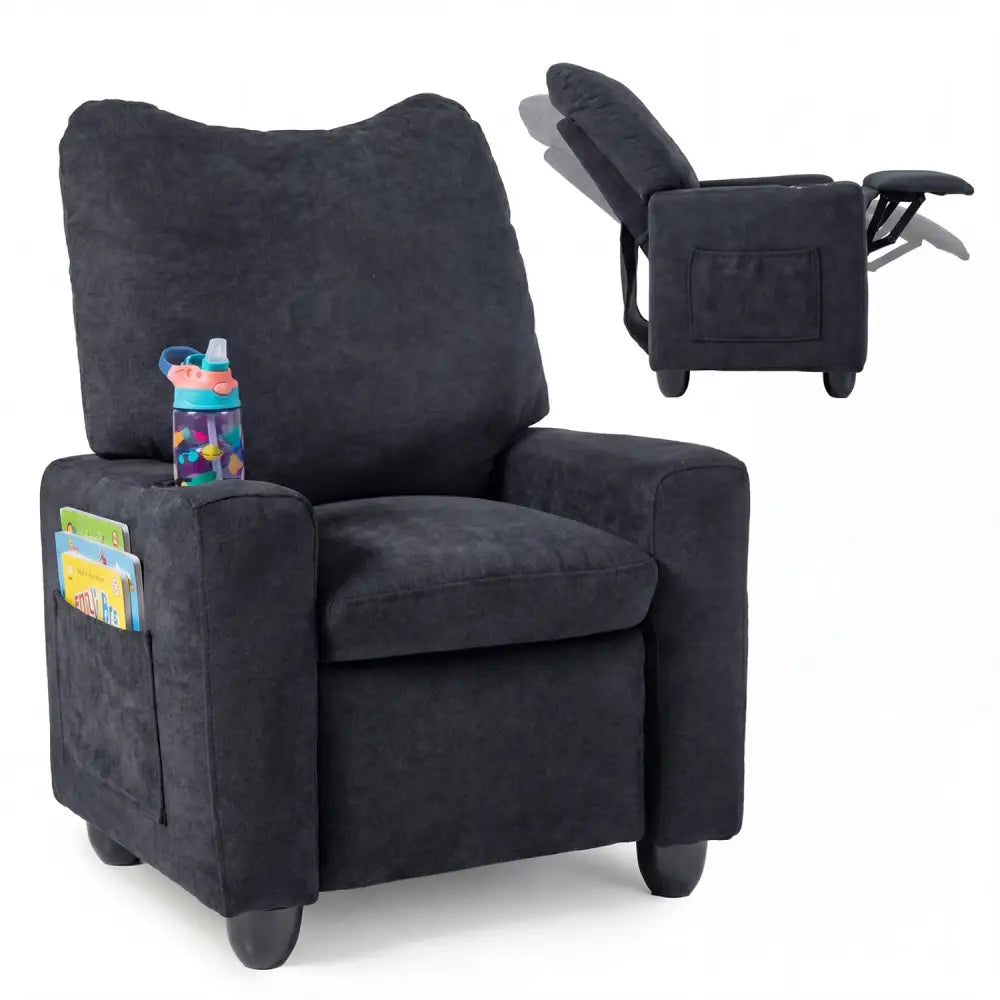 Kids Recliner Toddler Single Sofa with Adjustable Footrest and Cup Holder-Black - Black - Kids Chairs & Seating