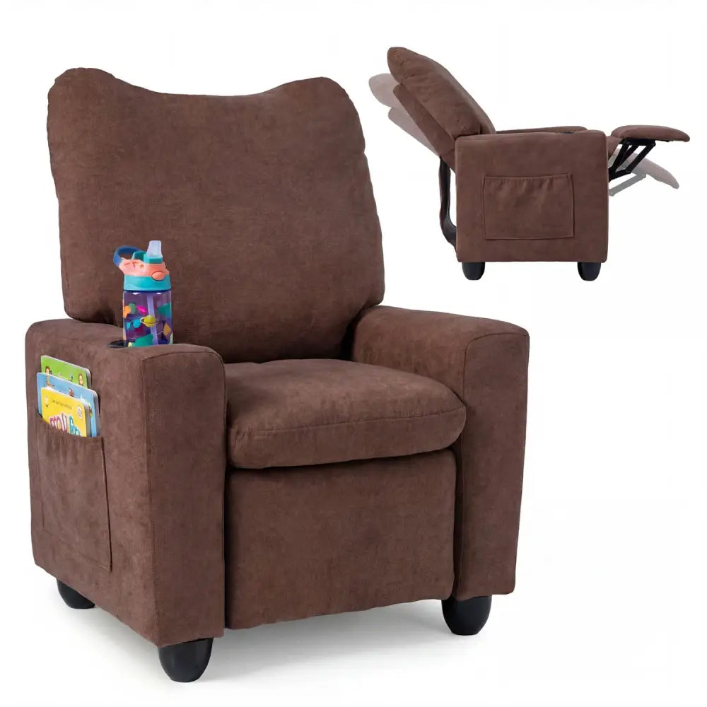 Kids Recliner Toddler Single Sofa with Adjustable Footrest and Cup Holder-Brown - Brown - Kids Chairs & Seating