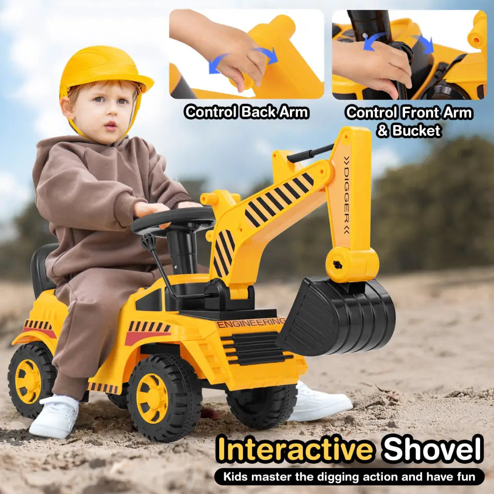 Kids Ride on Excavator with Adjustable Shovel-Yellow - Yellow - Push & Pedal Ride On Toys
