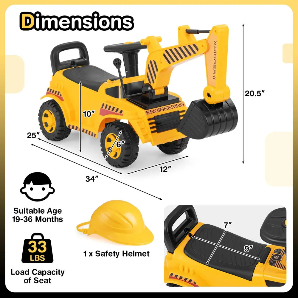 Kids Ride on Excavator with Adjustable Shovel-Yellow - Yellow - Push & Pedal Ride On Toys