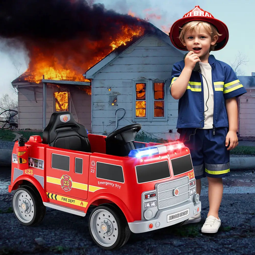 Kids Ride on Fire Truck with Remote Control and Extinguisher-Red - Red - Powered Ride On Toys