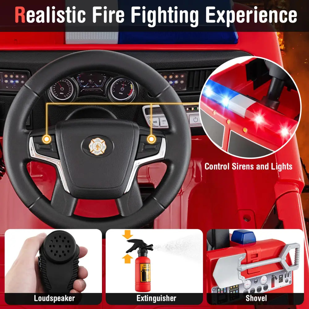 Kids Ride on Fire Truck with Remote Control and Extinguisher-Red - Red - Powered Ride On Toys