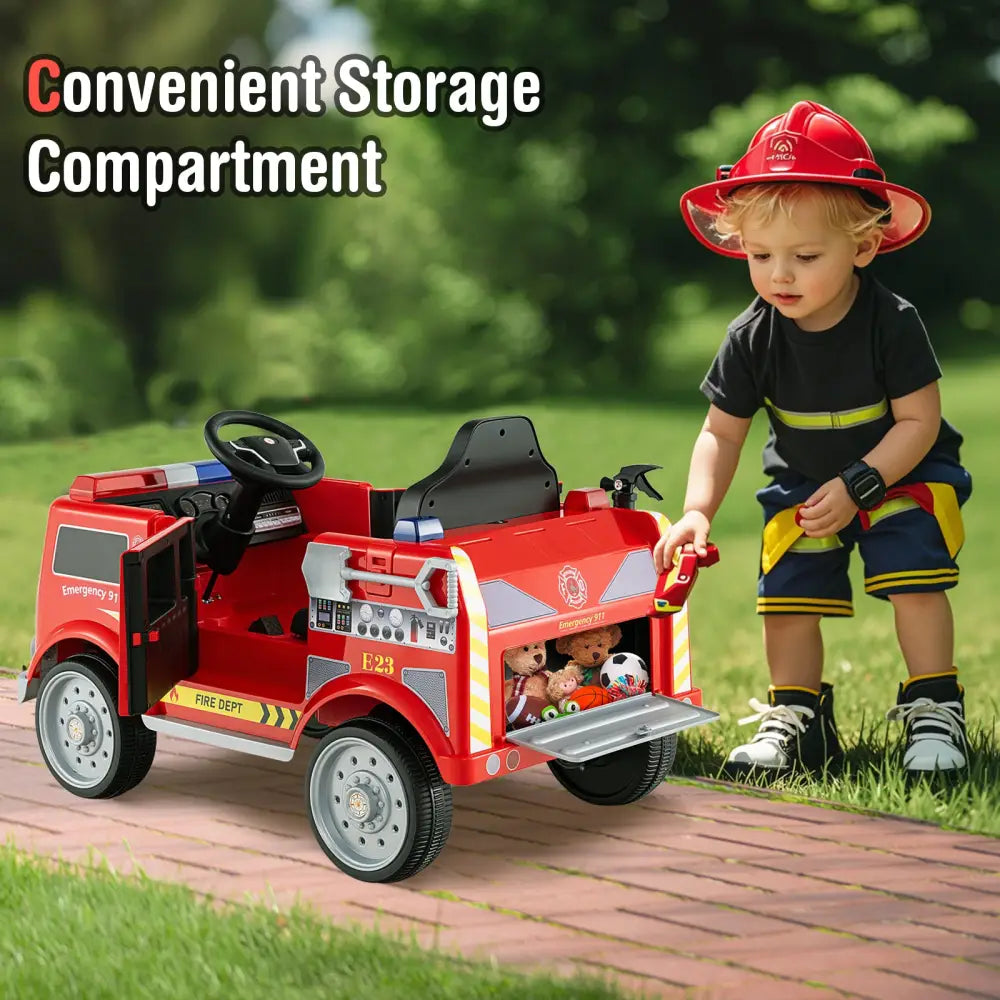 Kids Ride on Fire Truck with Remote Control and Extinguisher-Red - Red - Powered Ride On Toys