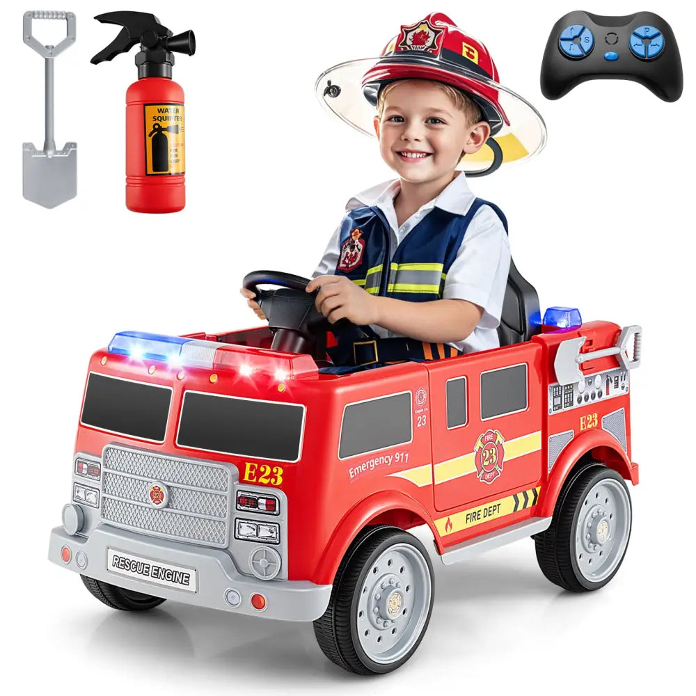 Kids Ride on Fire Truck with Remote Control and Extinguisher-Red - Red - Powered Ride On Toys