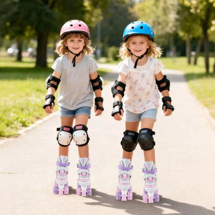 Kids Roller Skates 4 Sizes Adjustable Quad Skates with Light-up Wheels and Safety Protection-Pink - Pink - Toy Sports