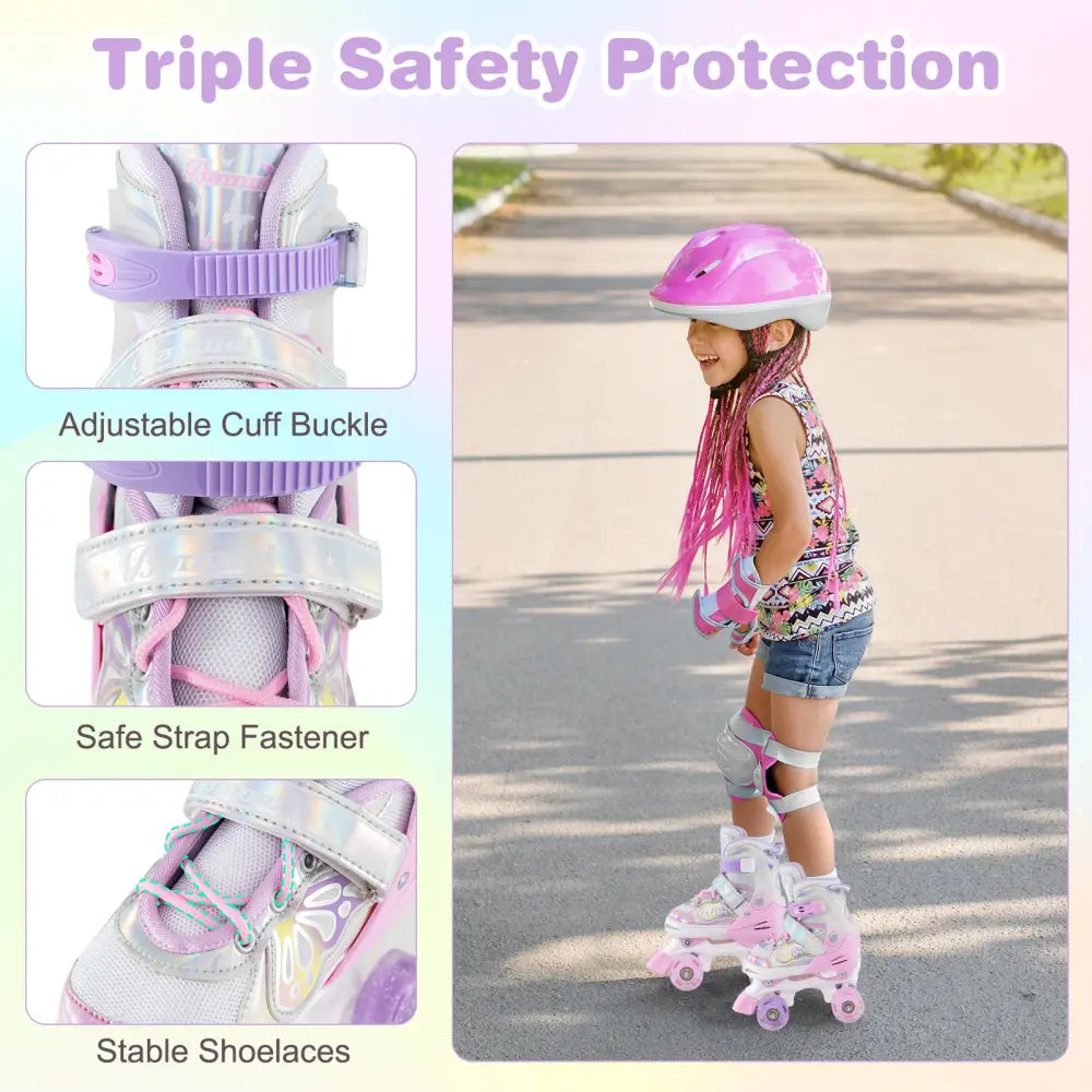 Kids Roller Skates 4 Sizes Adjustable Quad Skates with Light-up Wheels and Safety Protection-Pink - Pink - Toy Sports