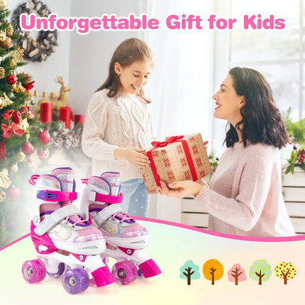 Kids Roller Skates 4 Sizes Adjustable Quad Skates with Light-up Wheels and Safety Protection-Rose Red - Rose Red - Toy
