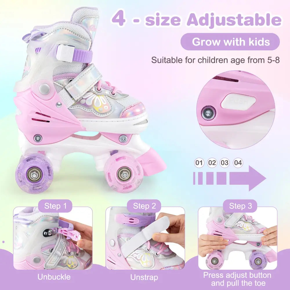 Kids Roller Skates 4 Sizes Adjustable Quad Skates with Light-up Wheels and Safety Protection-Pink - Pink - Toy Sports