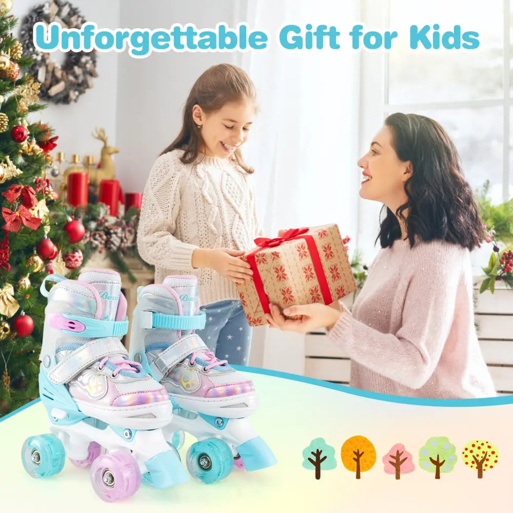 Kids Roller Skates 4 Sizes Adjustable Quad Skates with Light-up Wheels and Safety Protection-Navy - Navy - Toy Sports