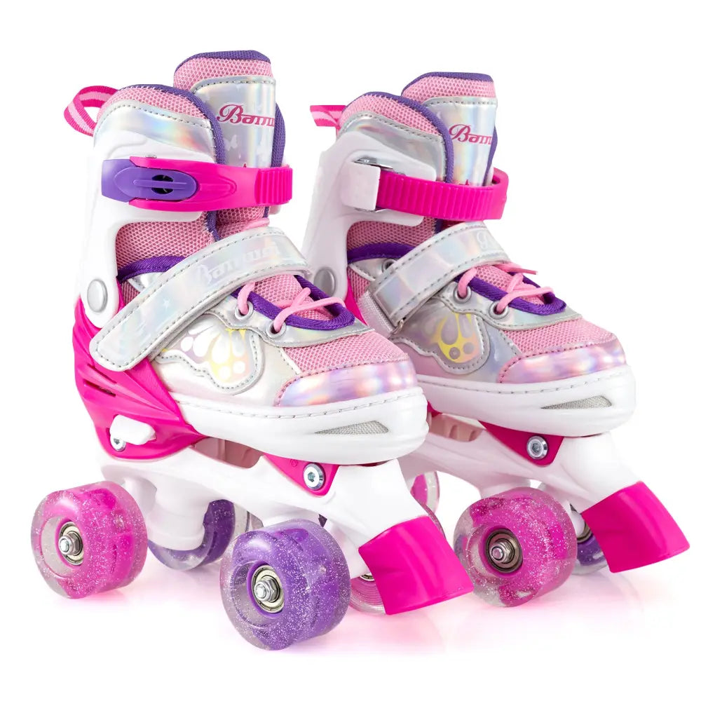Kids Roller Skates 4 Sizes Adjustable Quad Skates with Light-up Wheels and Safety Protection-Rose Red - Rose Red - Toy