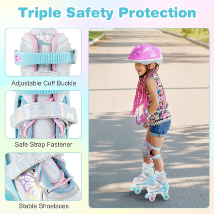 Kids Roller Skates 4 Sizes Adjustable Quad Skates with Light-up Wheels and Safety Protection-Navy - Navy - Toy Sports