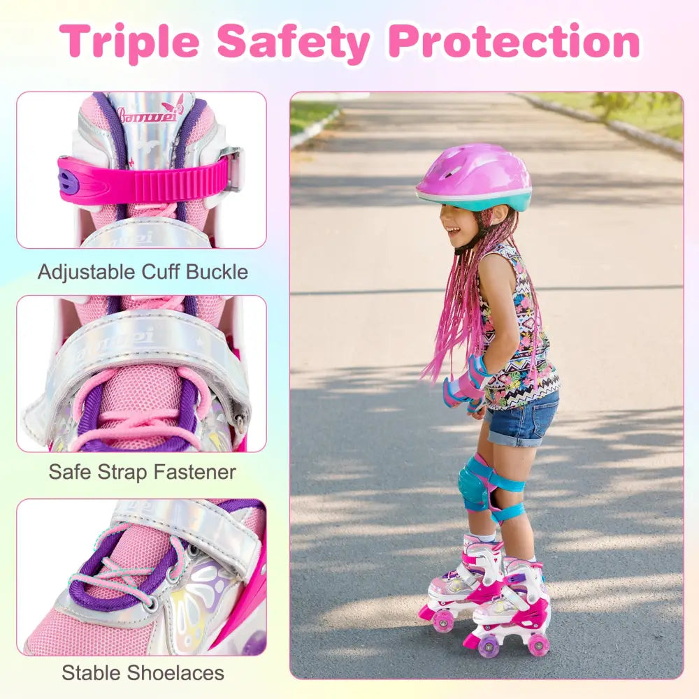 Kids Roller Skates 4 Sizes Adjustable Quad Skates with Light-up Wheels and Safety Protection-Rose Red - Rose Red - Toy