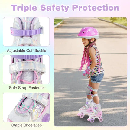 Kids Roller Skates 4 Sizes Adjustable Quad Skates with Light-up Wheels and Safety Protection-Pink - Pink - Toy Sports