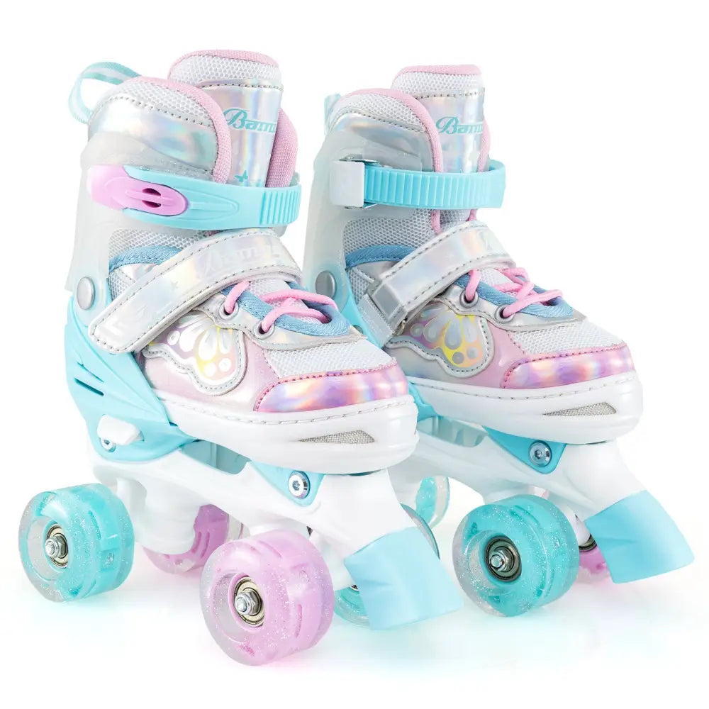 Kids Roller Skates 4 Sizes Adjustable Quad Skates with Light-up Wheels and Safety Protection-Navy - Navy - Toy Sports