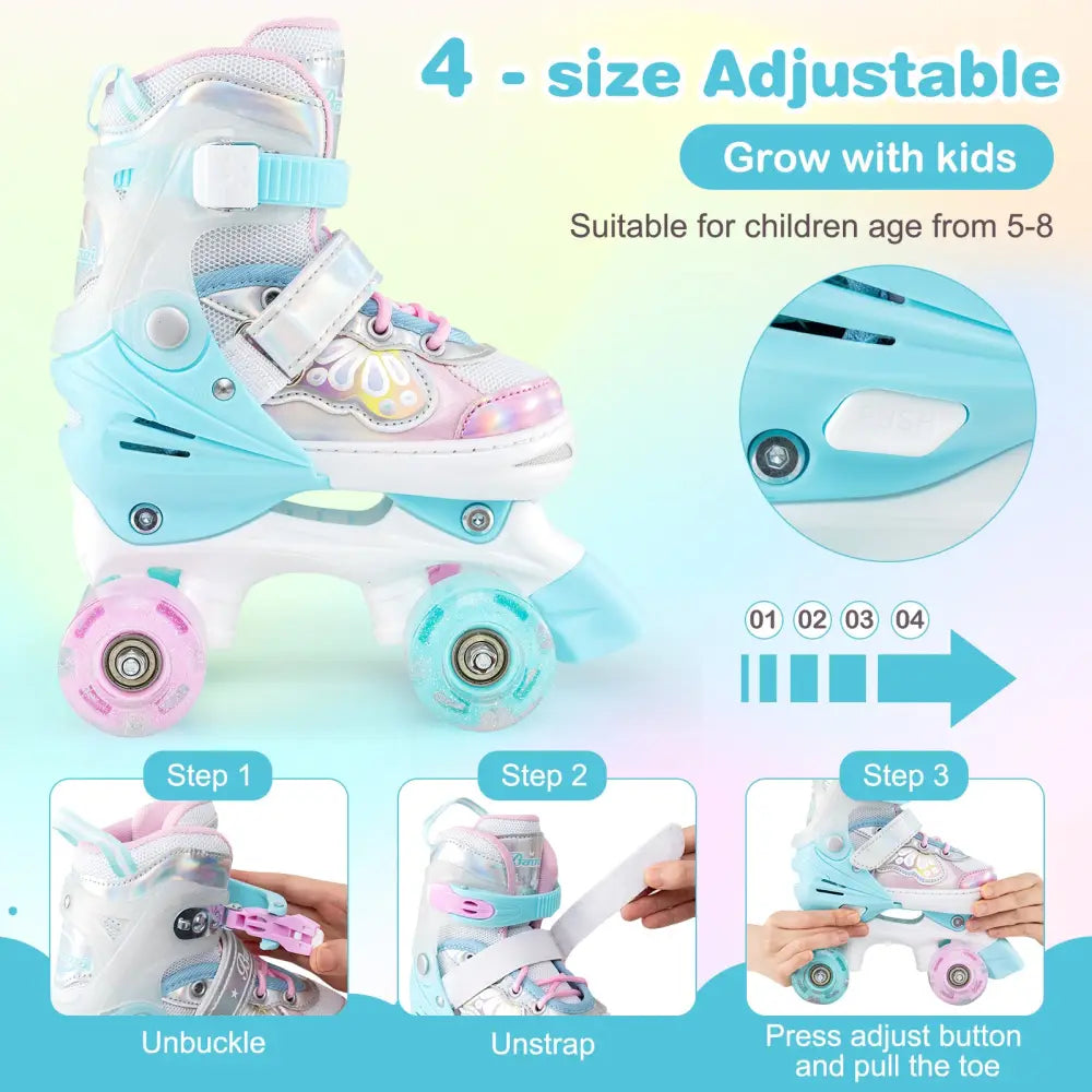 Kids Roller Skates 4 Sizes Adjustable Quad Skates with Light-up Wheels and Safety Protection-Navy - Navy - Toy Sports