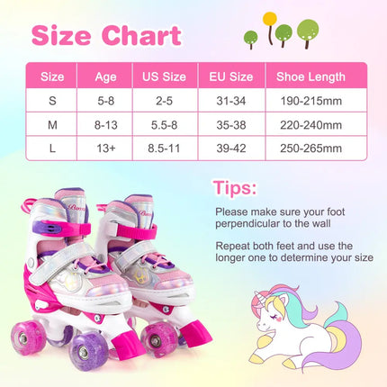 Kids Roller Skates 4 Sizes Adjustable Quad Skates with Light-up Wheels and Safety Protection-Rose Red - Rose Red - Toy
