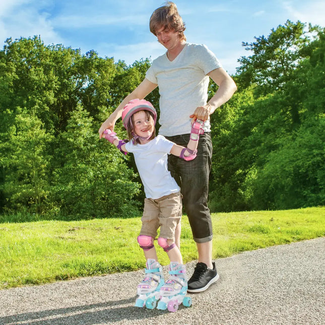 Kids Roller Skates 4 Sizes Adjustable Quad Skates with Light-up Wheels and Safety Protection-Navy - Navy - Toy Sports