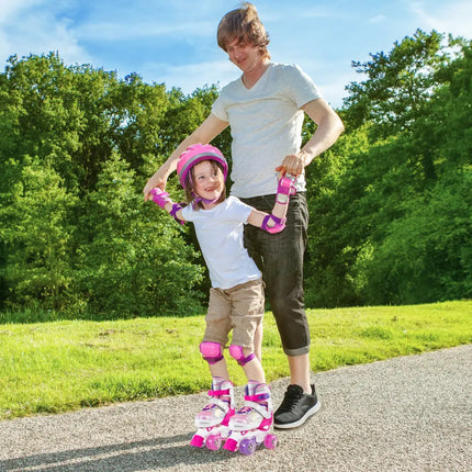 Kids Roller Skates 4 Sizes Adjustable Quad Skates with Light-up Wheels and Safety Protection-Rose Red - Rose Red - Toy