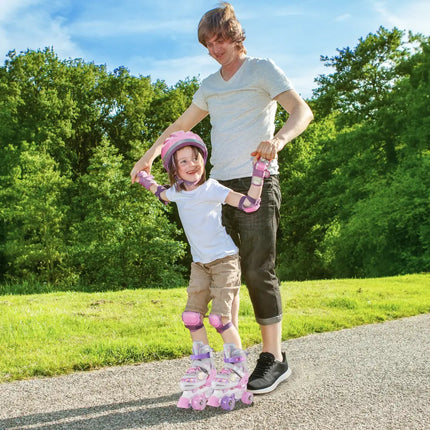 Kids Roller Skates 4 Sizes Adjustable Quad Skates with Light-up Wheels and Safety Protection-Pink - Pink - Toy Sports