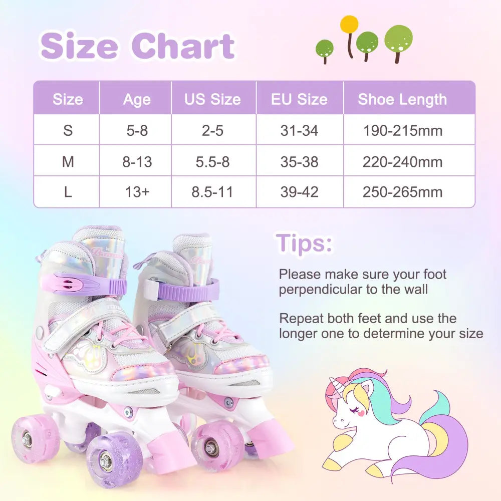 Kids Roller Skates 4 Sizes Adjustable Quad Skates with Light-up Wheels and Safety Protection-Pink - Pink - Toy Sports