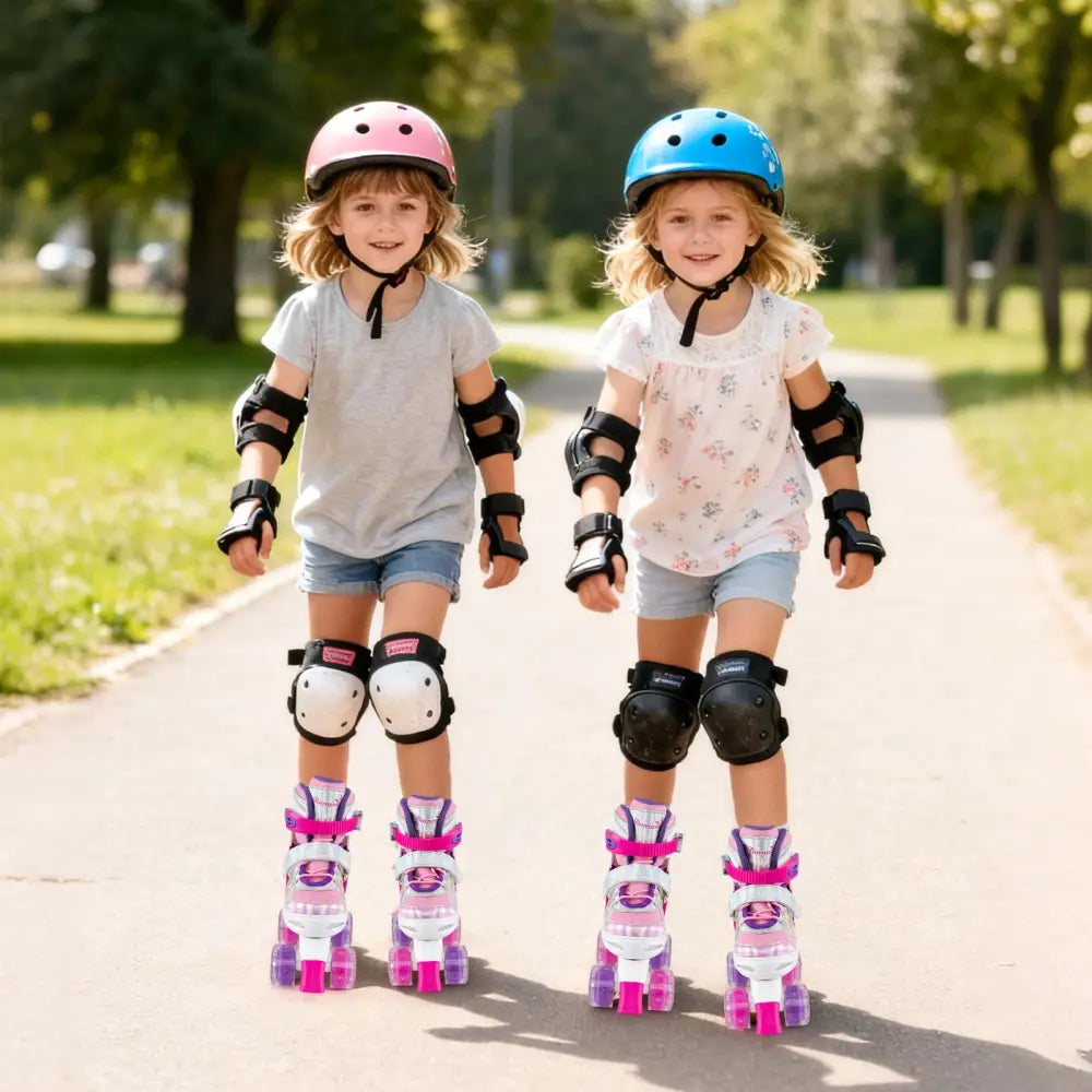 Kids Roller Skates 4 Sizes Adjustable Quad Skates with Light-up Wheels and Safety Protection-Rose Red - Rose Red - Toy