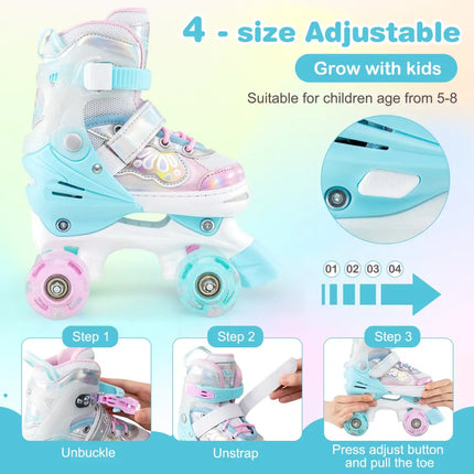 Kids Roller Skates 4 Sizes Adjustable Quad Skates with Light-up Wheels and Safety Protection-Navy - Navy - Toy Sports
