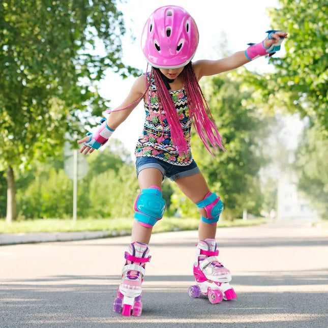 Kids Roller Skates 4 Sizes Adjustable Quad Skates with Light-up Wheels and Safety Protection-Rose Red - Rose Red - Toy