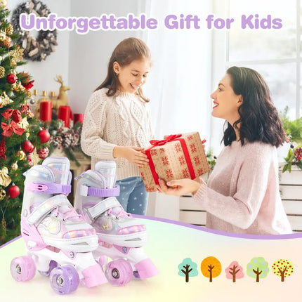 Kids Roller Skates 4 Sizes Adjustable Quad Skates with Light-up Wheels and Safety Protection-Pink - Pink - Toy Sports