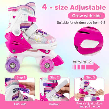 Kids Roller Skates 4 Sizes Adjustable Quad Skates with Light-up Wheels and Safety Protection-Rose Red - Rose Red - Toy