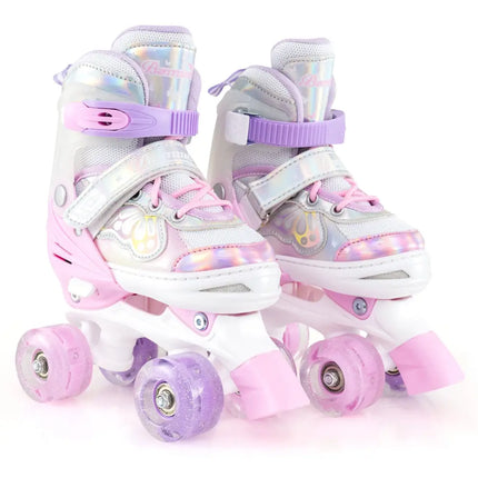 Kids Roller Skates 4 Sizes Adjustable Quad Skates with Light-up Wheels and Safety Protection-Pink - Pink - Toy Sports