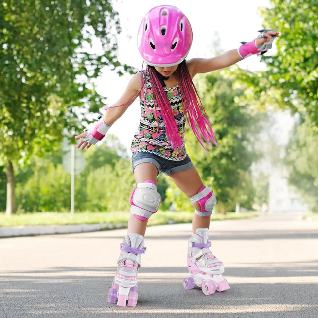 Kids Roller Skates 4 Sizes Adjustable Quad Skates with Light-up Wheels and Safety Protection-Pink - Pink - Toy Sports