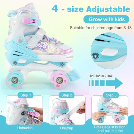 Kids Roller Skates 4 Sizes Adjustable Quad Skates with Light-up Wheels-Navy - Navy - Toy Sports