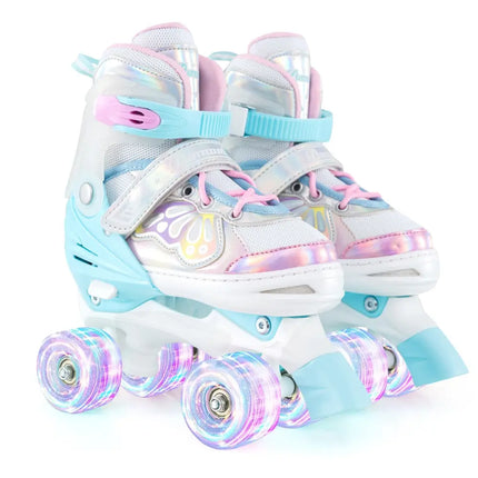 Kids Roller Skates 4 Sizes Adjustable Quad Skates with Light-up Wheels-Navy - Navy - Toy Sports
