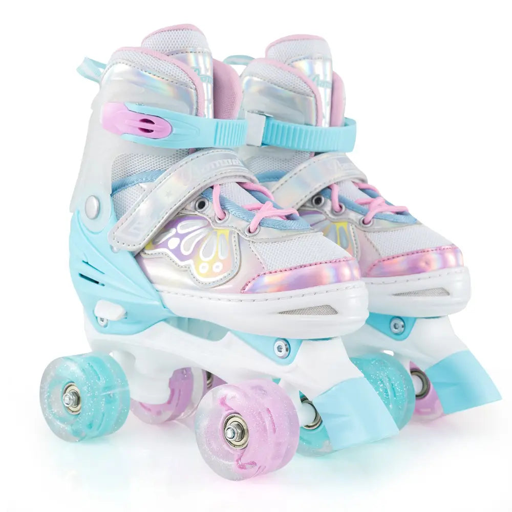 Kids Roller Skates 4 Sizes Adjustable Quad Skates with Light-up Wheels-Navy - Navy - Toy Sports
