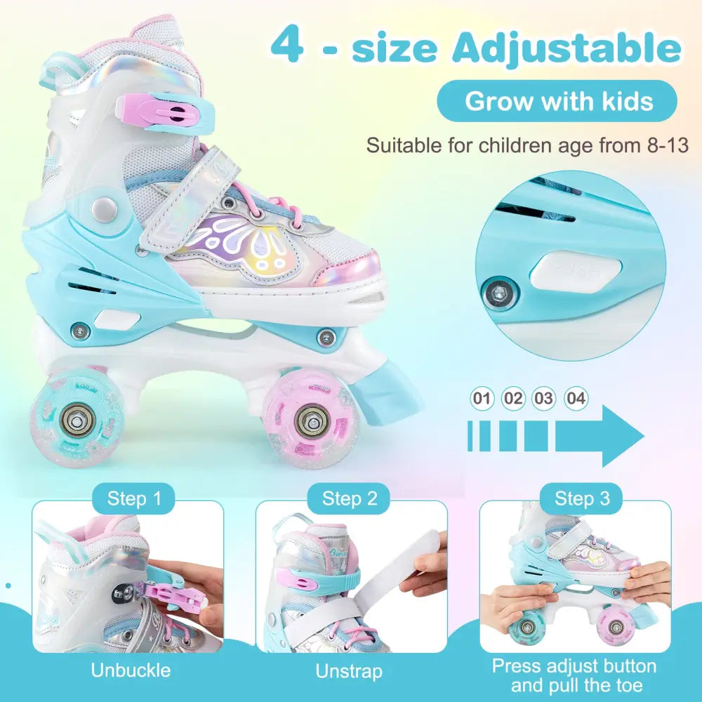 Kids Roller Skates 4 Sizes Adjustable Quad Skates with Light-up Wheels-Navy - Navy - Toy Sports