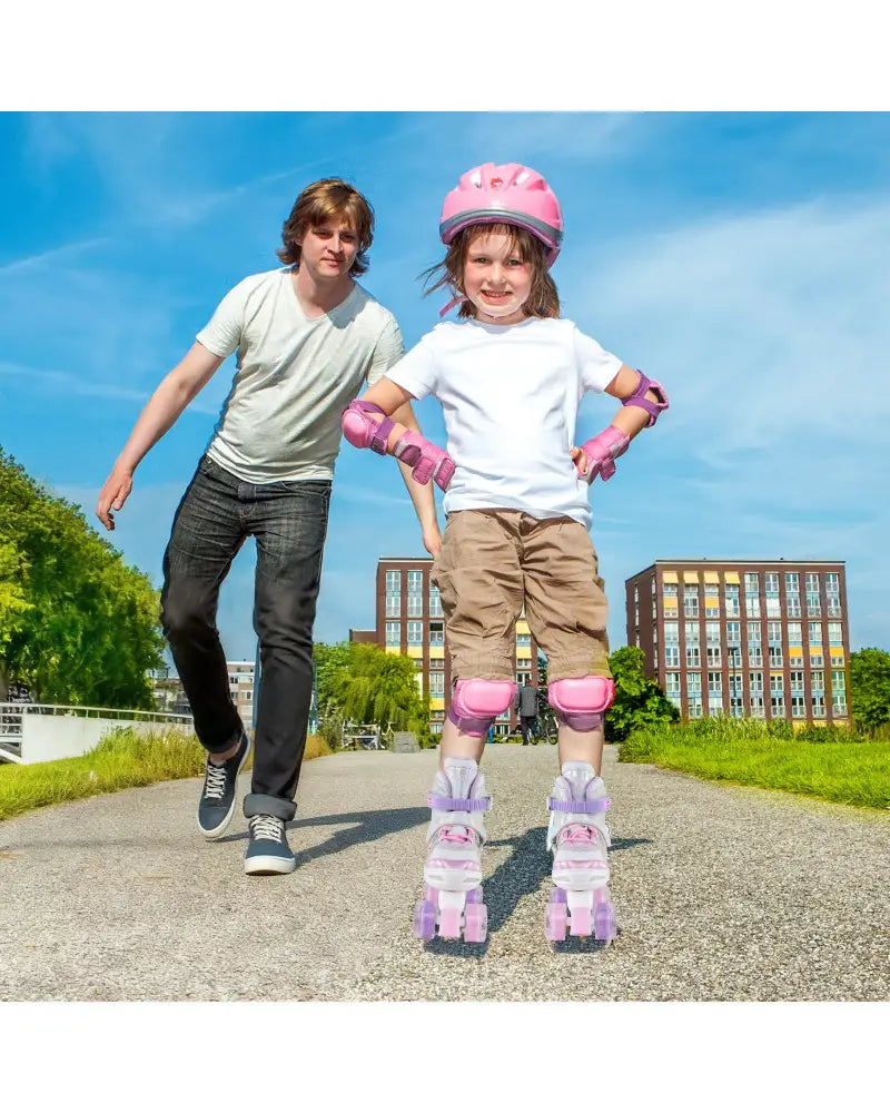 Kids Roller Skates 4 Sizes Adjustable Quad Skates with Light-up Wheels-Pink - Pink - Toy Sports